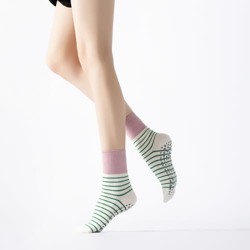 Image of Verdancy Yoga Pilates Socks with Grips for Women Non Slip Striped Cushioned Crew Socks for Barre Ballet Dance