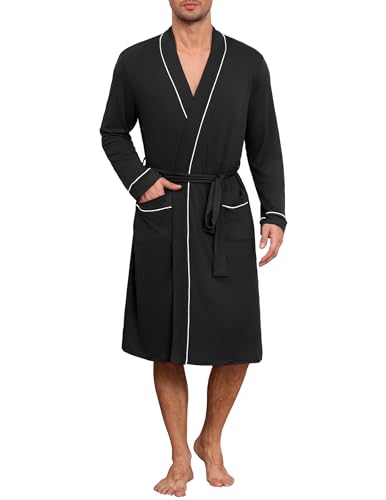 Ekouaer Mens Robes Lightweight Knit Bathrobe Long Sleeve Kimono Robe V Neck Spa Knee Length Sleepwear with Pockets S-XXL