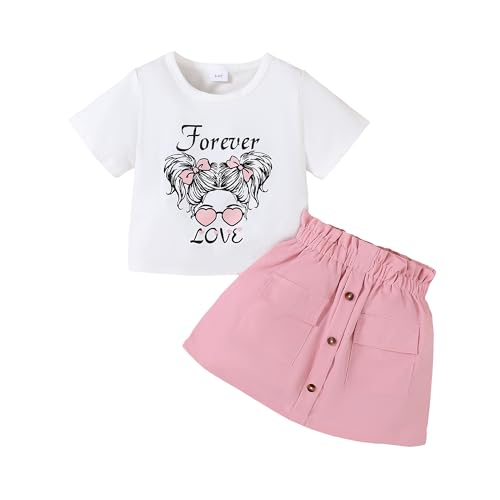 Image of Toddler Girl Clothes 2-8T Girls Skirt,White Short Sleeve Letter Print Top + Summer Short Skirt 2PCS Girls Outfits Set