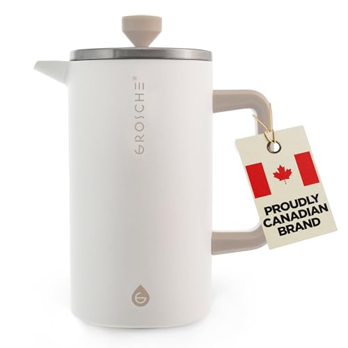 GROSCHE Dub'lin Stainless Steel Coffee Maker French Press 8 Cup | 34 FL Oz Coffee Press, 18/8 Double Walled Stainless Steel French Press Coffee Maker - Hot/Cold Brew | Stainless French Press - WHITE