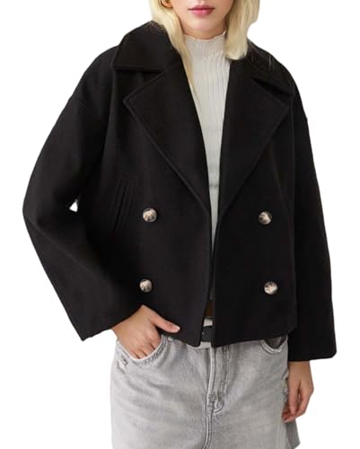 CHARTOU Women Cropped Wool Blend Coats Notch Lapel Double Breasted Pea Coat Jacket Short Trench Overcoat