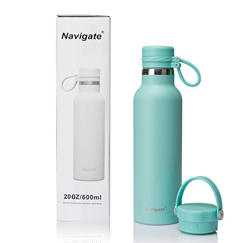 NAVIGATE Sports Stainless Steel Water Bottle Wide MouthDouble Walled Vacuum Insulated Water Flask Keep Liquid Cold Or Hot20 oz600 ml Blue with Two caps