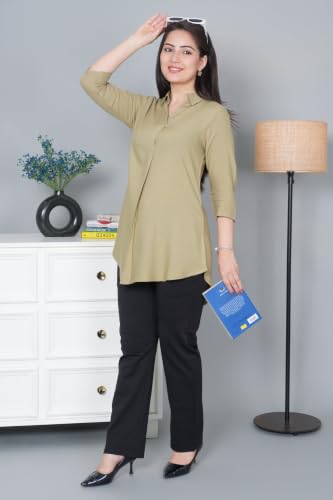 Image of Mlada Rayon Flare Top for Women | 3 /4th Sleeve Regular Fit and Flare Top | Women Office Tops Tunic | Western Long Shirt Top for Women | Shirt Collar Top for Women | Rayon Tunic Tops for Women Western