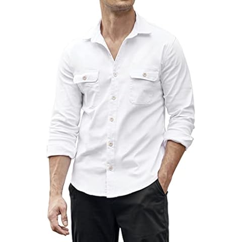 COOFANDY Men's Shacket Stretch Denim Shirt Jackets Long Sleeve Button Down Overshirt with Two Flap Pockets, White, Large Cover