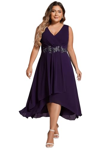 Image of Ever-Pretty Plus Women's V Neck Applique Chiffon Pleated Sleeveless Midi Plus Size Cocktail Party Dresses