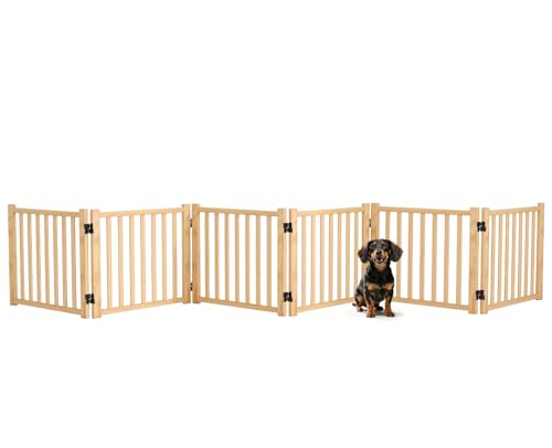 Pshelfy Lackfreies Naturholz-Hundeabsperrgitter, 6-teilig faltbar & 360° drehbar – Sicher als Welpen- und Kinderschutzgitter für Tür, Treppe, Flur (BxH: 351 x 58 cm, Natur, Unbehandelt)