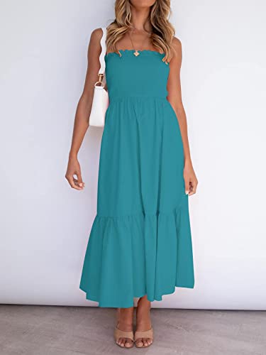 Image of ZESICA Women's Summer Boho Strapless Maxi Dress 2026 Casual Off Shoulder Smocked Flowy A Line Beach Holiday Long Dresses