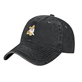 WHJDPP Black Corgi Dog Playing with Fur Ball Picture Washed Cowboy Baseball Cap for Adults - Stylish and Breathable Hat