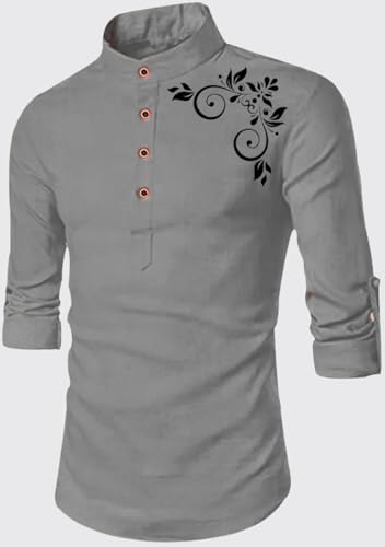 Image of DEEMOON Men's Full Sleeve Short Kurta Shirt with a Trendy Mandarin Collar Crafted from a Premium Cotton Blend for Comfort Ideal for Casual and Semi-Formal Occasions