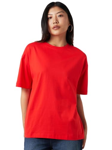 Image of Bewakoof Women's Solid Oversized Fit Half Sleeve Round Neck Cotton Jersey T-Shirt