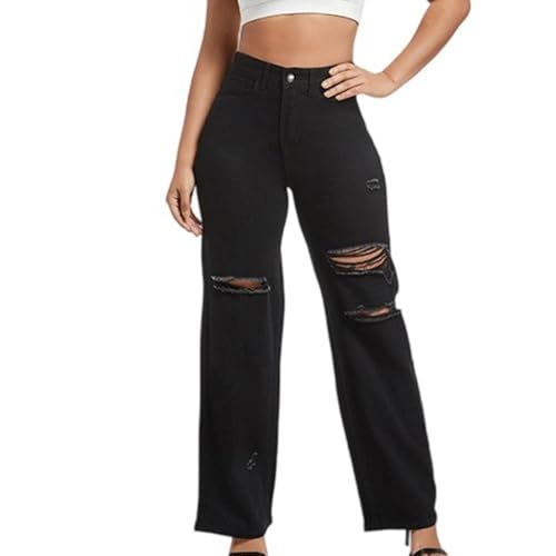 Women's Ripped Loose Wide-Leg Jeans High Waist Elastic Solid Color Casual Fashion Straight Trousers