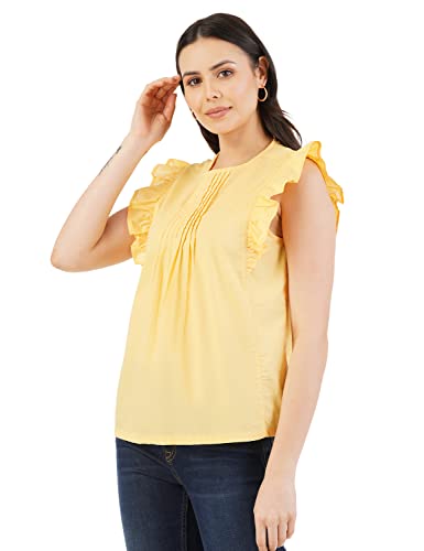 Image of FYLTR Women's Casual Fashion Top -Ruffled Collar & Sleeves, Front Pleat Design