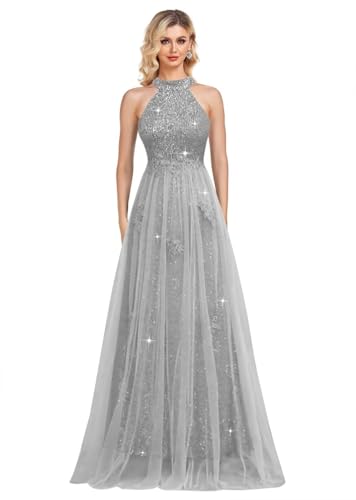 Halterneck Sequin Prom Dresses with Flower 2024 Sparkly Tulle Ball Gowns A Line Wedding Evening Party Dress
