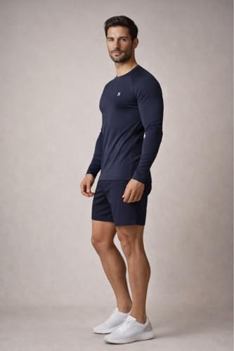 Image of Men's Blue Lycra Spandex Compression Solid Quick Dry Full Sleeve Regular Fit Round Crew Neck Active Sportswear Gym T-Shirt for Workout Training Running and Fitness Activities