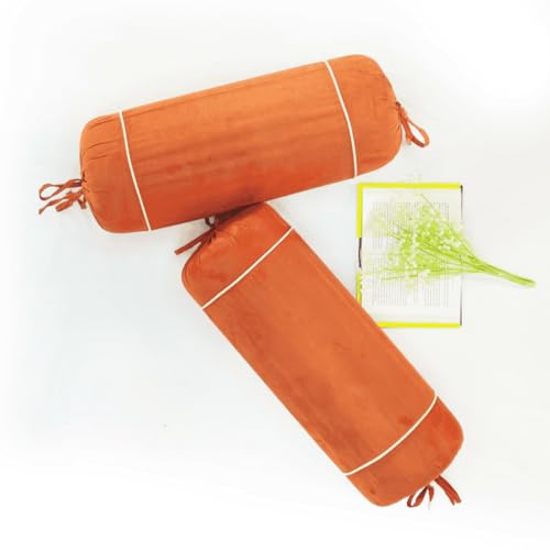 Image of AURAVE Suede 300 TC Printed Bolster Cover with Drawstring Closure, Set of 2, Soft Breathable Durable Machine Washable for Sofa Bed & Home Decor, 15 inchx30 inch, Orange | Cover Only