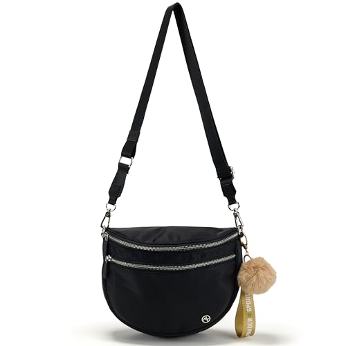 Image of Pander Crossbody Bum Bag for Women, Everyday Nylon Shoulder Bag with Pompom Keychain Wristlet Bag Charm, Adjustable Strap