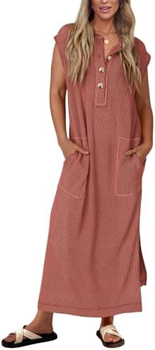 KIRUNDO Womens Summer Dresses Ribbed Knit Henley Short Sleeve Maxi Dress Button Up Loose Slit Beach Vacation Sundress