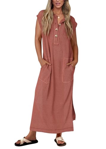 Image of KIRUNDO Womens Summer Ribbed Knit Short Sleeve Maxi Dress | 2026 Spring Henley Button Up Knitted Tshirt Dress, Loose Beach Vacation Sundress, Teacher Dress, Loose Fit Nursing Friendly