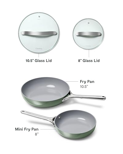 Caraway Ceramic Nonstick Fry Pan Set with Glass Lids – Includes Two 10.5” Fry Pans, One 8” Fry Pan, & Three Lids - Non Toxic, PTFE & PFOA Free - Oven Safe & Compatible with All Stovetops - Sage