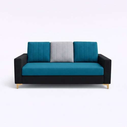 Image of Hendrick Plush Velvet 3 Seater + 2 Seater Sofa Set with 2 Ottoman | Silken Velvet Upholstery | Golden Legs | Designer Set for Living Room & Office Spaces (Black, Aqua Blue & Light Grey)