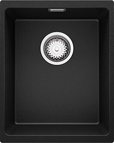 Evier Sous Plan Noir, 36 x 45 cm, Evier en Granit 1 bac + Siphon Classique, Lavabo Cuisine de Primagran