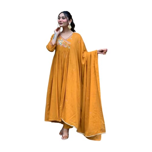 Image of Shiv Textiles Women's Chanderi Silk Embroidered Kurta Pant Dupatta Set(JDA-ANKITA-Orange-L)