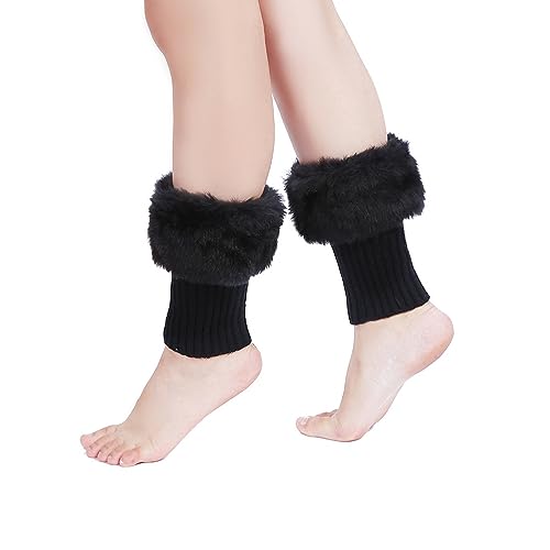 Women Faux Fur Trim Boot Cuffs, Short Furry Fuzzy Leg Warmers Winter Knitted Boot Socks Ankle Warmers for Girls