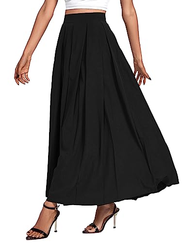Opoipin Women's Casual Pleated High Waist Solid Flowy A Line Long Maxi Skirt Black X-Large #TOP2