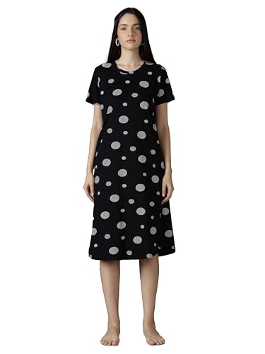 Image of 9shines Label Hosiery Cotton Knee Length Short Night Dress | Short Nighty for Women with Pocket | Graphic Print Nightwear | Night Gown for Women (M-7XL)