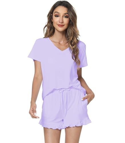 Image of WiWi Womens Pajamas Set Bamboo Viscose Super Soft Short Sleeve Top Ruffle Shorts Sleepwear Cooling Pj Sets S-XXL