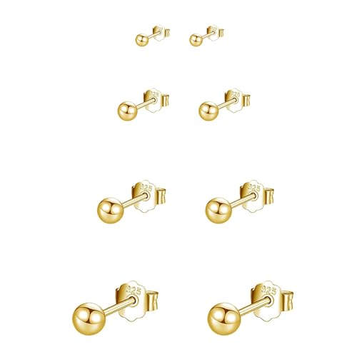 Bo Win 4 Pares Pendientes de Plata de Ley 925 Pendientes Oro Mujer Pendientes Bola en Oro Pendientes Pequeños Hombre Pendientes de Bola de Oro Pendientes Plata 925 para Mujer Niñas Hombre Dorado