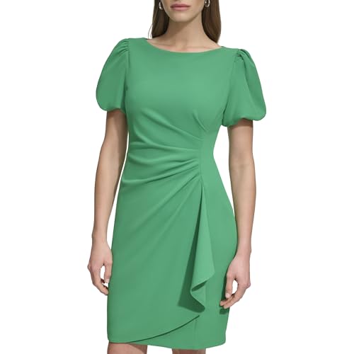 DKNY Women's Short Sleeve Boat Neck Side Ruched Dress, Apple Green, 4