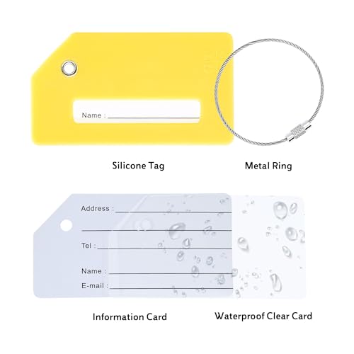 Image of Silicone Luggage Tag for Suitcases with Stainless Loop, TSA Approved, Privacy Protection Travel Essentials Bag Tags by Gostwo, Yellow, 3.6*2*0.25 inches