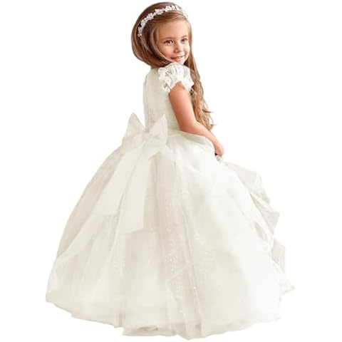 MCieloLuna Flower Girl Dresses for Girls Puffy Tulle Birthday Party First Communion Dress Lace Applique Princess Pageant Gowns Ivory Size 2 Cover