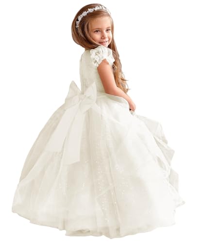 MCieloLuno Flower Girl Dresses for Wedding Bow-Knot Long Lace Tulle Princess First Communion Dresses for Kids Gilrs