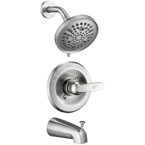 Replacement 9-Setting Rain Shower Faucet Tub Trim Kit for Delta 1300/1400& 13/14 Series, High Pressure 5.5" Round Rain Shower Head& Handle Set, Brushed Nickel(Valve& Catridge Not Inclued) Cover