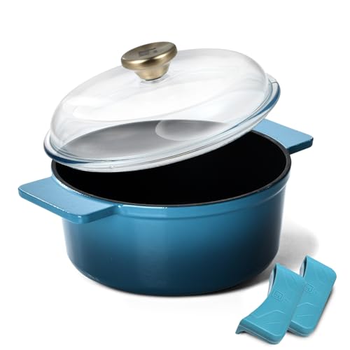 Image of Bergner Excalibur Lightweight Cast Iron Dutch Oven /Biryani Pot /Casserole with Glass Lid, 26cm /5L, Non-Stick Coating, PFAS Free, Elegant Design, Silicone Grips, Induction and Gas Stove Ready (Blue)