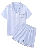Mikrdoo Tween Girls Pajamas Elegant Silky Satin 2 Piece Fashion Summer Cute PJs, Sky Blue,Size 10 Years