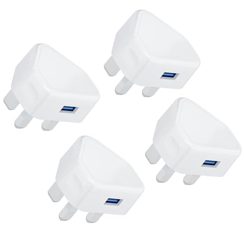 USB Plug, 4Pack USB Plug UK Adaptor Phone Charger Mains Charge Dual Port Twin Wall Plugs Adapter with Smart IC 5V 1AMP Charging for iPhone 16 15 14 13 12 11 XS XR X 8 7 6,iPad Pro, Samsung, Mobile