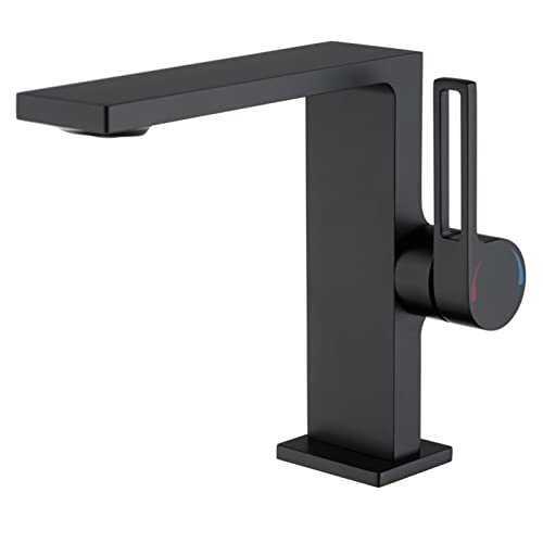 JMXD Grifo de Lavabo, Grifo Lavabo Monomando Grifo Baño Latón Grifo de Baño Solo Agujero Lavabo Baño Montaje en Cubierta Grifo para Lavabo con Manguera de Agua Caliente y Fría,Negro