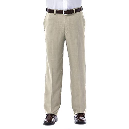Haggar Men's eCLo Stria Expandable-Waist Plain-Front Dress Pant, Sand, 40Wx30L