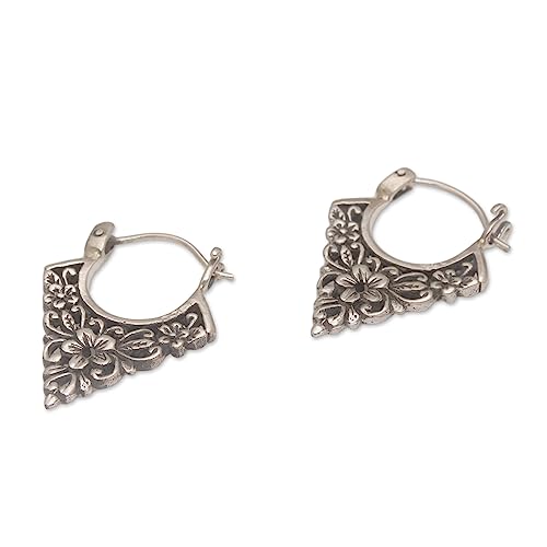 Novica Handmade .925 Sterling Silver Hoop Earrings Floral Pointed From Bali Indonesia [0.9 In L X 0.2 In W X 0.7 In D] 'Floral Points' #TOP4