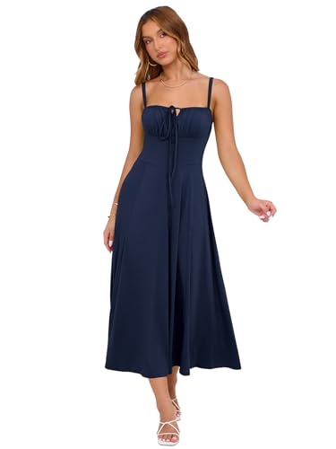 Image of YATHON Women's Summer Midi Corset Boho Dresses Spring Casual Floral Spaghetti Straps Lace Up Dress Flowy Aline Beach Sundress