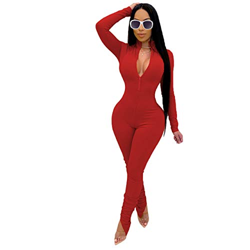 Women 's Sexy Long Sleeve V Neck Zipper Bodycon Jumpsuit Romper One Piece Bodysuit Solid Outfit Onesie Pajamas Clubwear (Red, S)