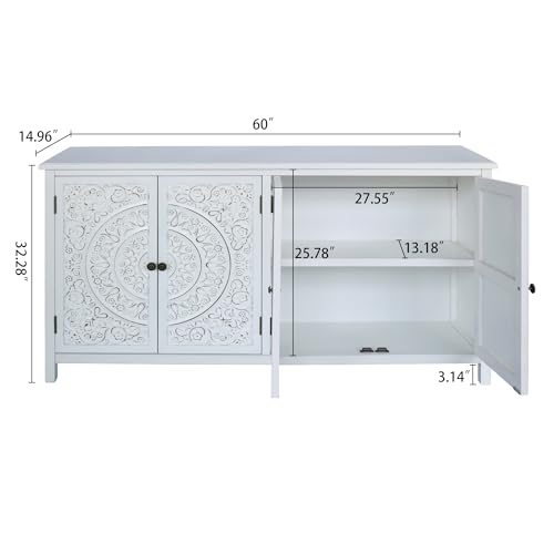 Image of 60 inch Antique White Solid Wood Buffet Cabinet - Carved Sideboard for Entryway, Accent Cabinet for Living & Dining Room