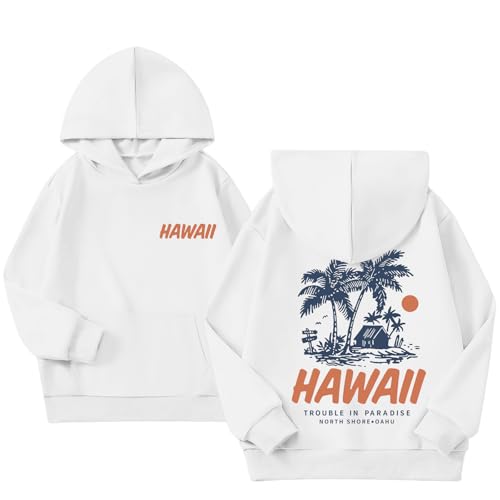 Lubpow Cute Hawaii Hoodies for Girls Preppy Hawaiian Palm Beach Sweatshirt Aesthetic Graphic Vacation Hoodie Pullover Tops, White, 3-4 Years