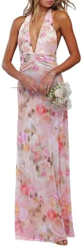 GUCURIN Women Halter Backless Dress Deep V Neck Open Back Mesh Maxi Dress Beach Vacation Wedding Guest, Pink, M