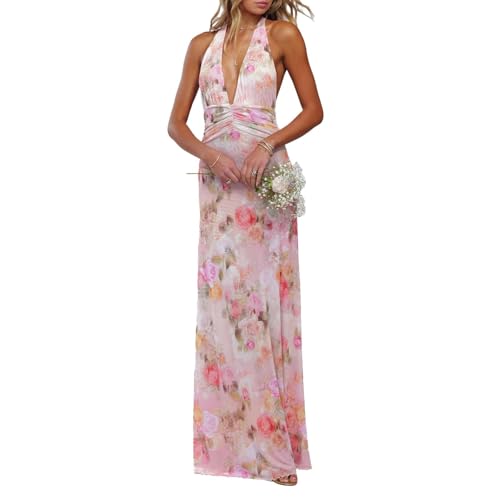 GUCURIN Women Halter Backless Dress Deep V Neck Open Back Mesh Maxi Dress Beach Vacation Wedding Guest (S,Pink)