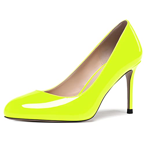 WAYDERNS Women's Neon Yellow Solid 3.5 Inch High Heel Stiletto Patent Round Toe Slip On Pumps Shoes Size 9 - Zapatos de Mujer Tacon Alto