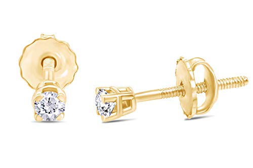 0.04 Carat (Cttw) Round Cut White Natural Diamond Accents 4-Prong Screw Back Solitaire Stud Earrings In 14k Yellow Gold Over Sterling Silver Jewelry For Women